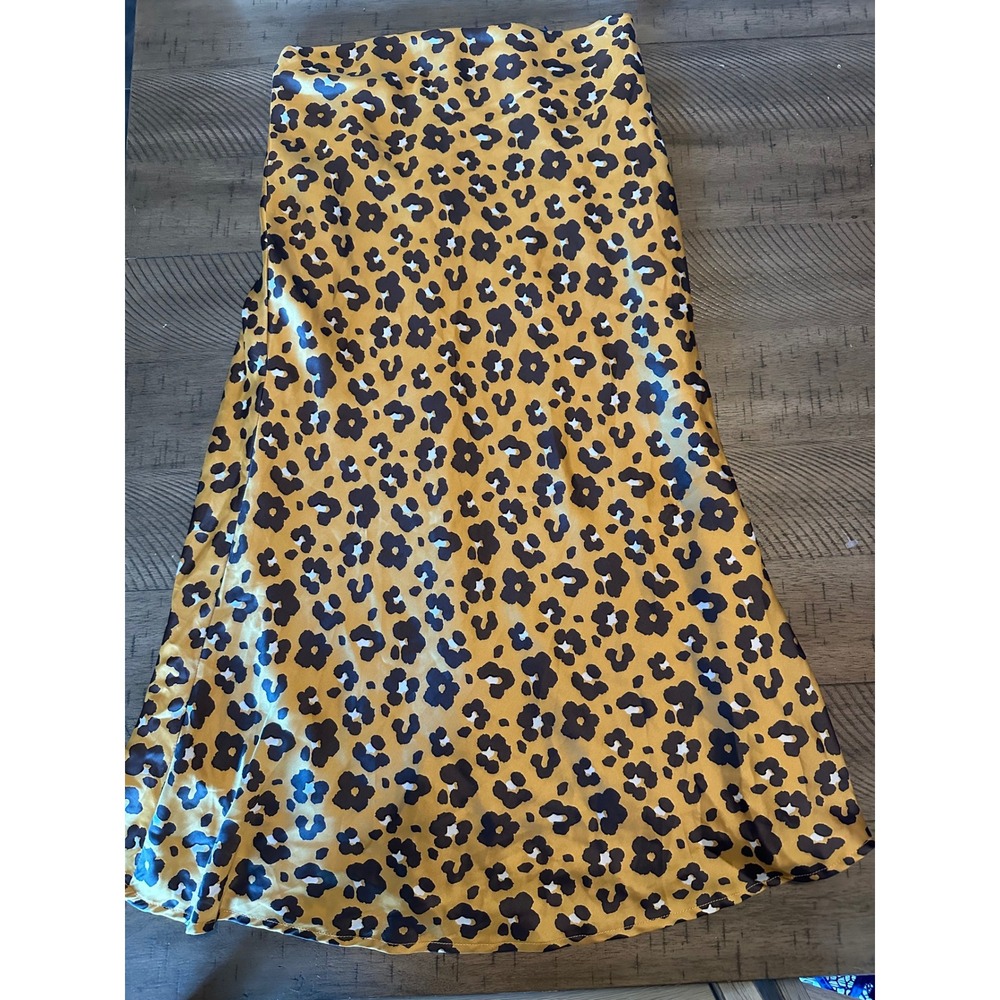 4SI3NNA Leopard Floral Satin Midi Skirt -‎ Size XS - Gold/Mustard
